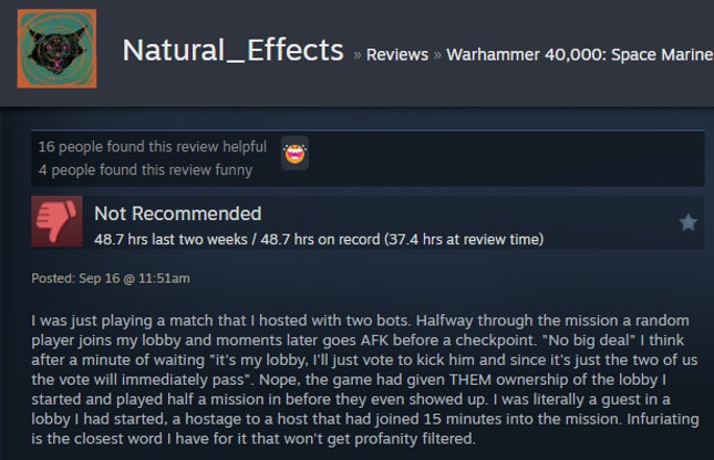 Screenshot of the article titled Warhammer 40,000: Space Marine 2, As Reported by Steam Reviews